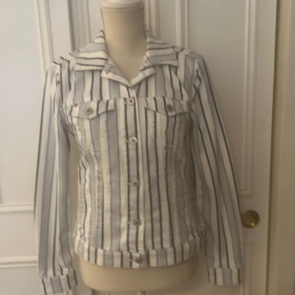 EV1 From Ellen Degneres White With Blue Stripes Women’s Denim Jacket Size XS
